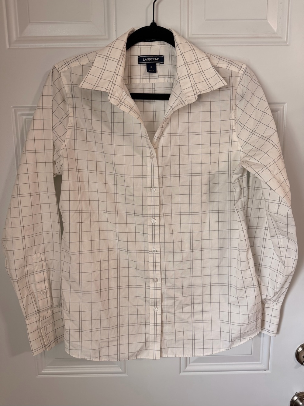 Lands' End White Button-Down Shirt with Navy Windowpane